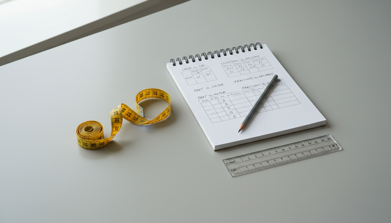 Measuring tape, notebook and ruler on a desk