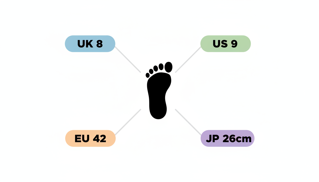 One foot with UK, US, EU and Japanese size labels